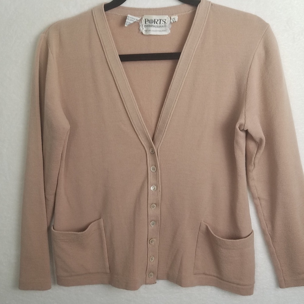 PORTS INTERNATIONAL 100% Wool Tan Knit Cardigan Sweater Button‎ Pockets Women L